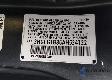 2010 Honda Civic Ex z USA, uszkodzony, nr VIN 2HGFG1B86AH524122